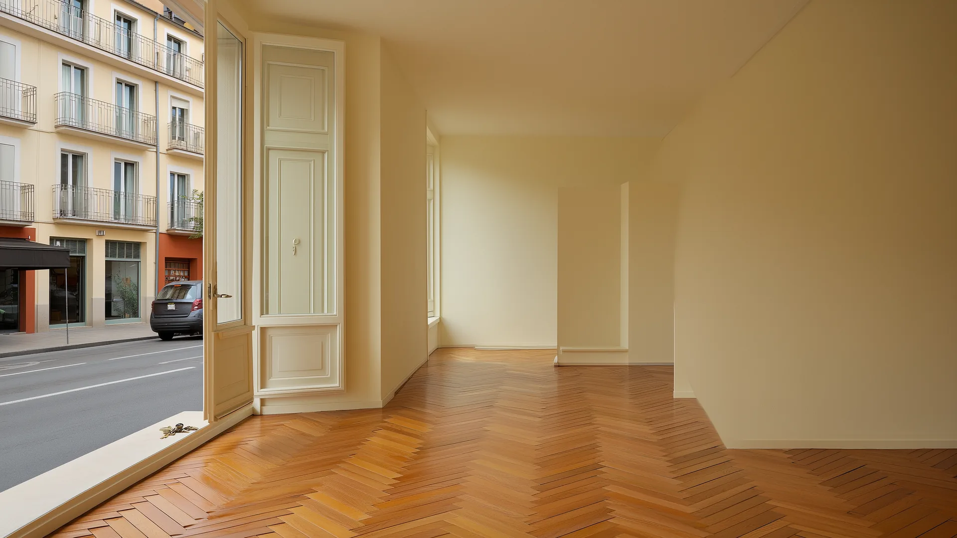Piso vacío recién pintado, con suelo de espiga y las llaves en la ventana, listo para alquilar
